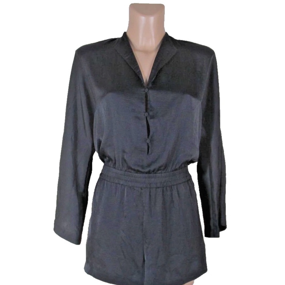 BCBGMaxAzria Black Satin Long Sleeve Romper